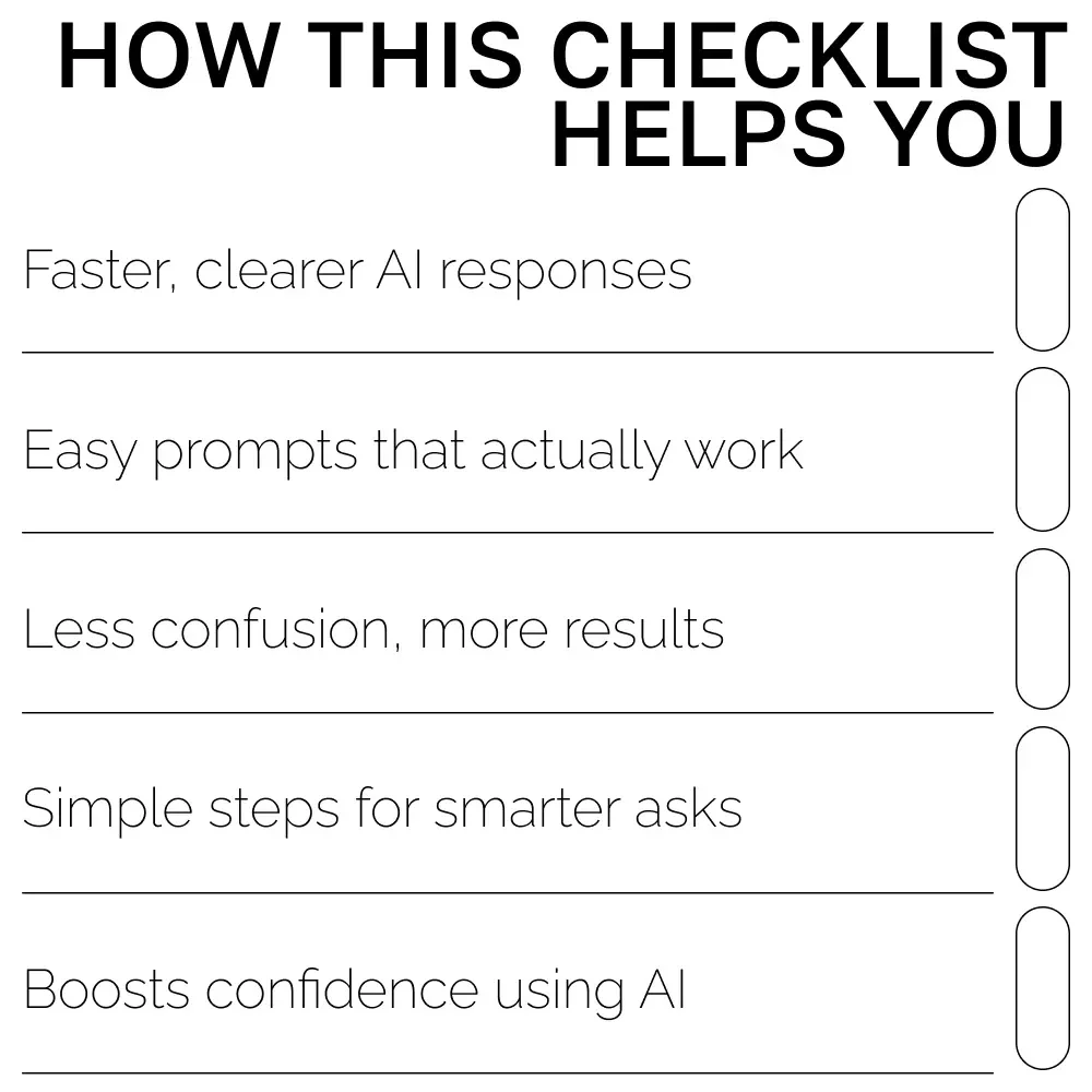 Your Quick & Fun Checklist for Clear AI Answers | Easy Prompt Tips for Clear Answers | Printable & Digital Prompting Guide for Beginners