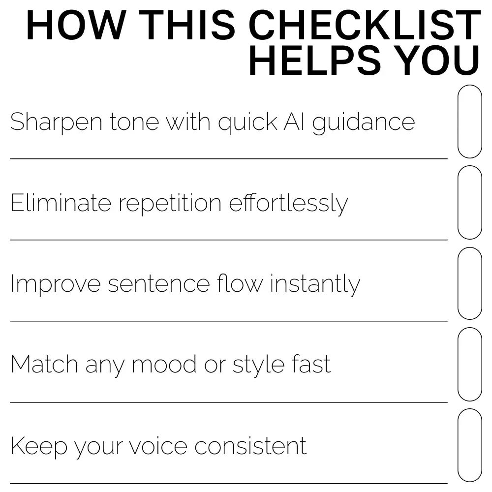 AI Tips to Elevate Your Writing Voice | Editable Writing Tone Checklist | Digital Download for Writers & Creators | ai tips for improving writing tone | Tone & Style Guide