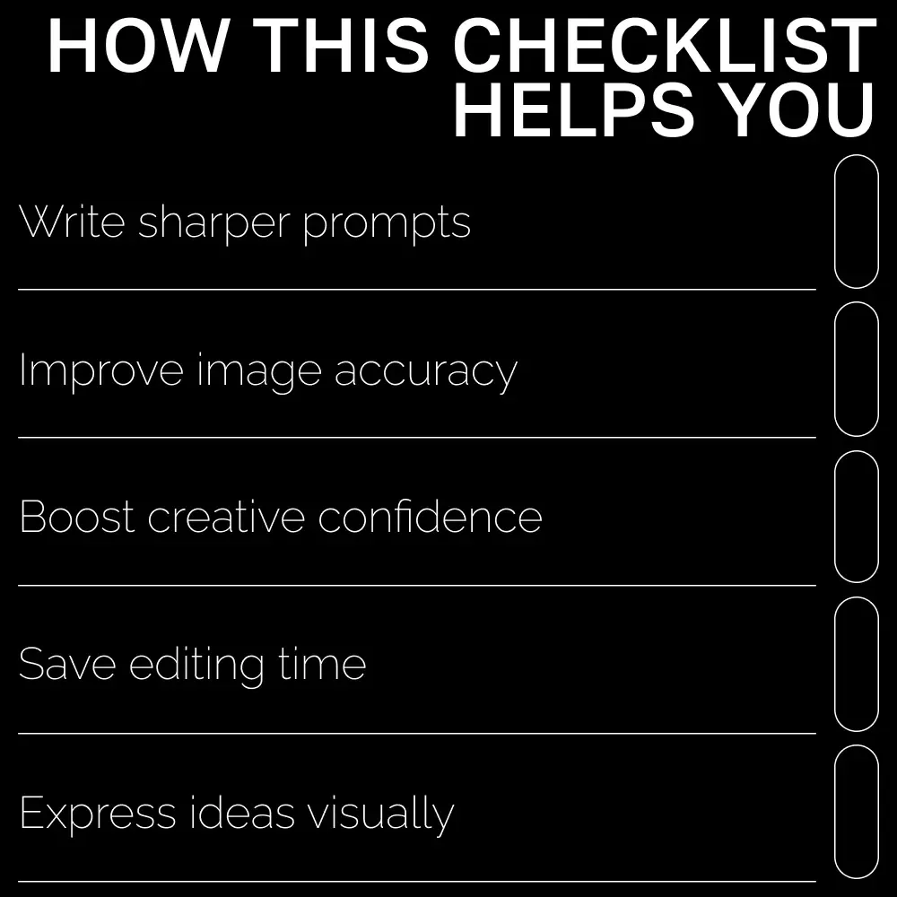 Easy Prompts for Stunning Images | Printable Prompt Checklist for Creators, easy prompts for high-quality images, Digital Guide for AI Art and Photography Inspiration