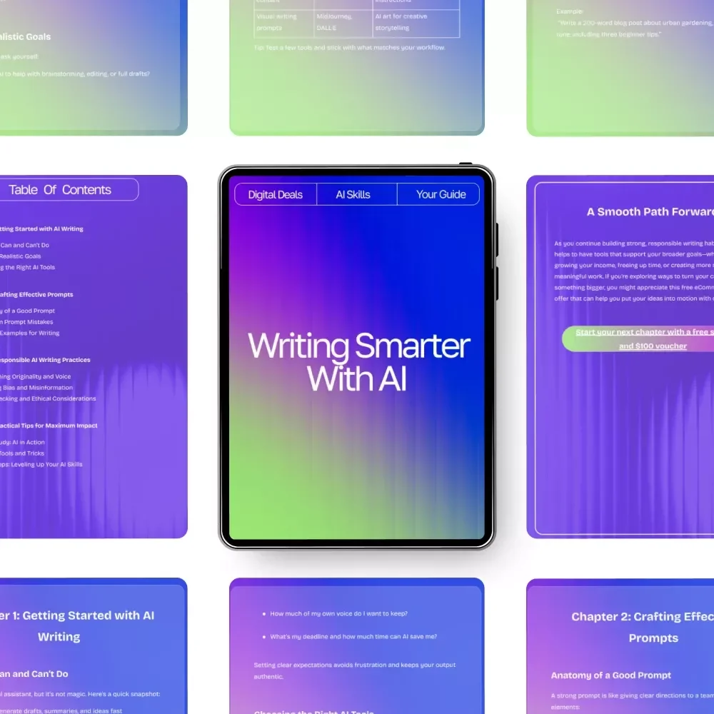 Writing Smarter with AI – Digital Guide for Creators, Ethical Writing Toolkit, How to Use AI Responsibly for Writing, Prompt Crafting & Productivity Boost