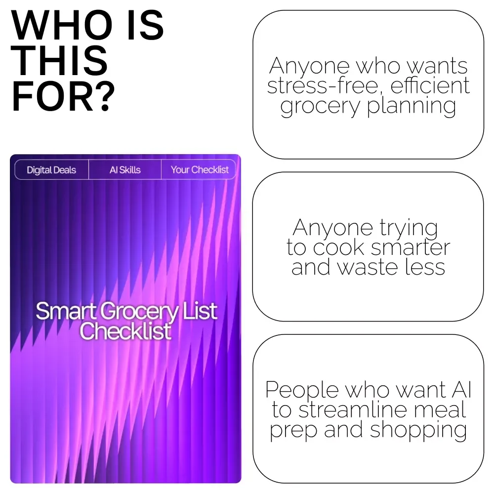 Smart Grocery List Checklist – AI-Enhanced Meal Planning, grocery list suggestions for recipes with ai, Weekly Menu Planner & Digital Shopping Organizer for Easy, Stress-Free Cooking
