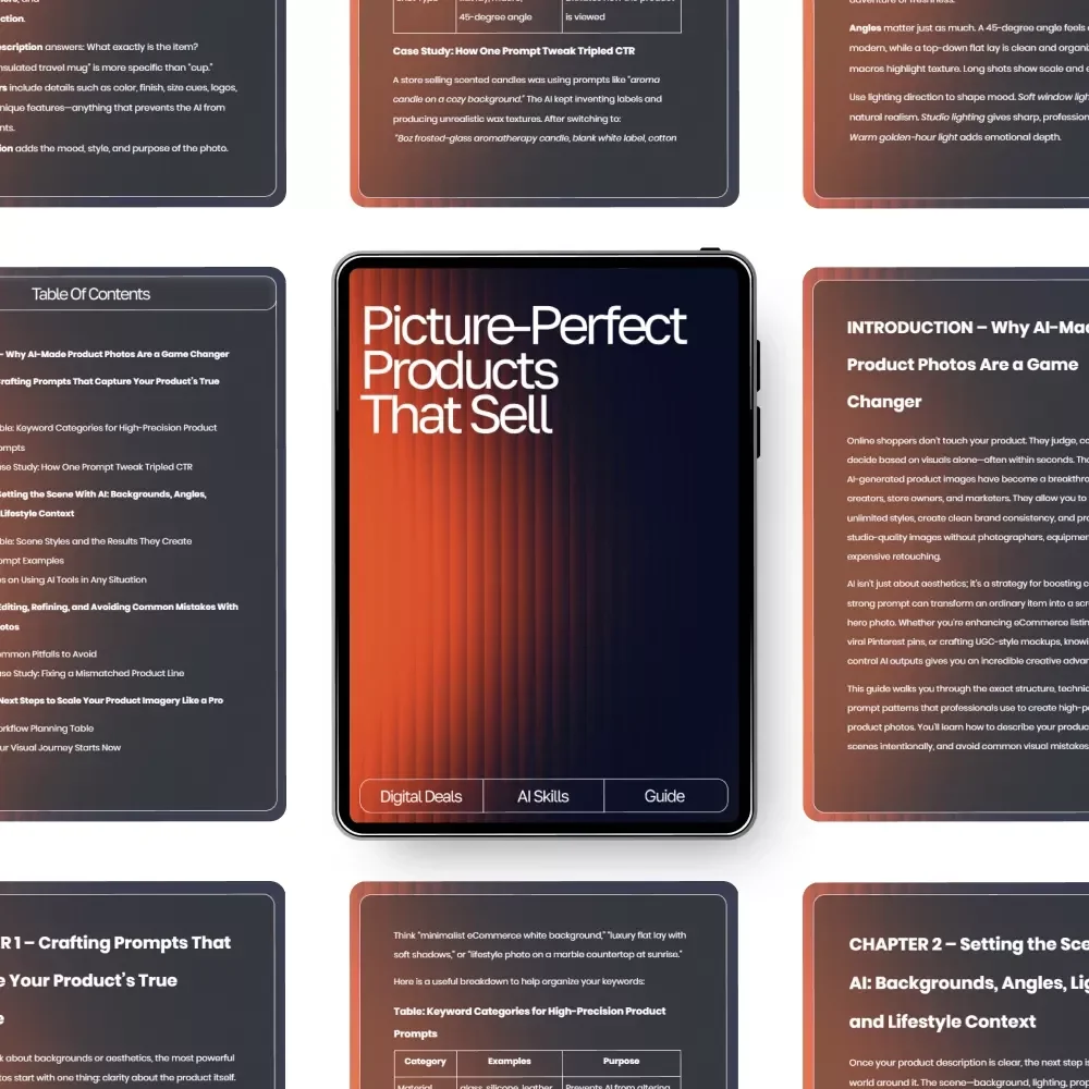 Picture-Perfect Products That Sell | AI Prompts for Product Photos | Digital Guide to Stunning, High-Converting Product Imagery