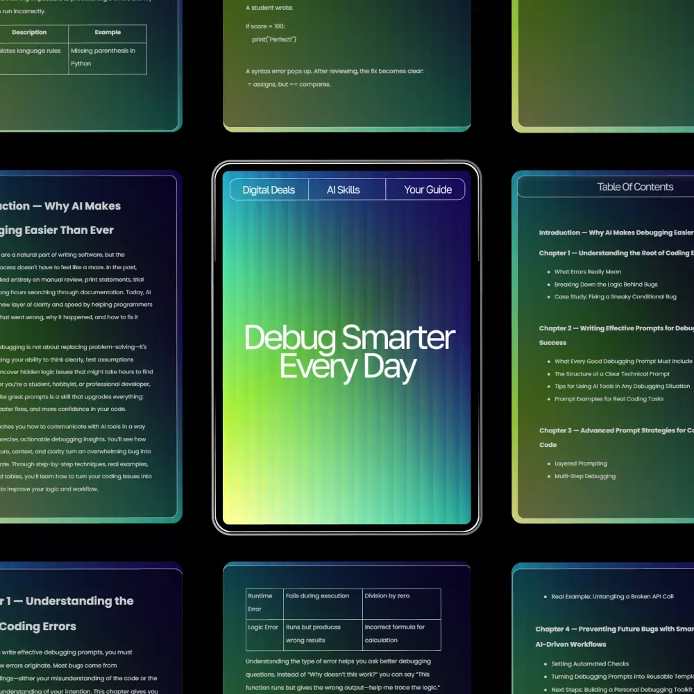 Debug Smarter Every Day — AI Debugging Guide, Coding Error Fixing eBook, Prompt Writing Checklist for Developers, Software Debug Workflow Digital Download