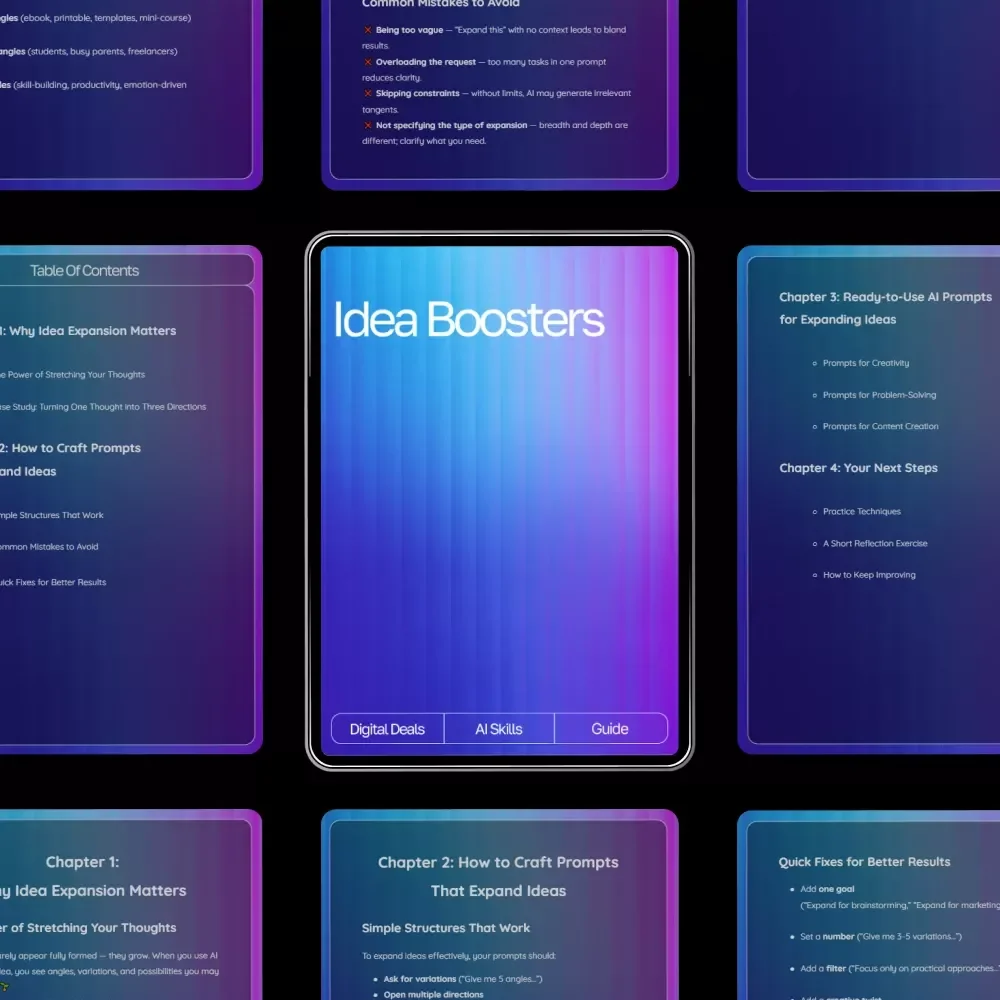 Idea Boosters | AI Prompts for Expanding Ideas Guide | Creative Thinking Workbook for Entrepreneurs, Creators, & Problem-Solvers