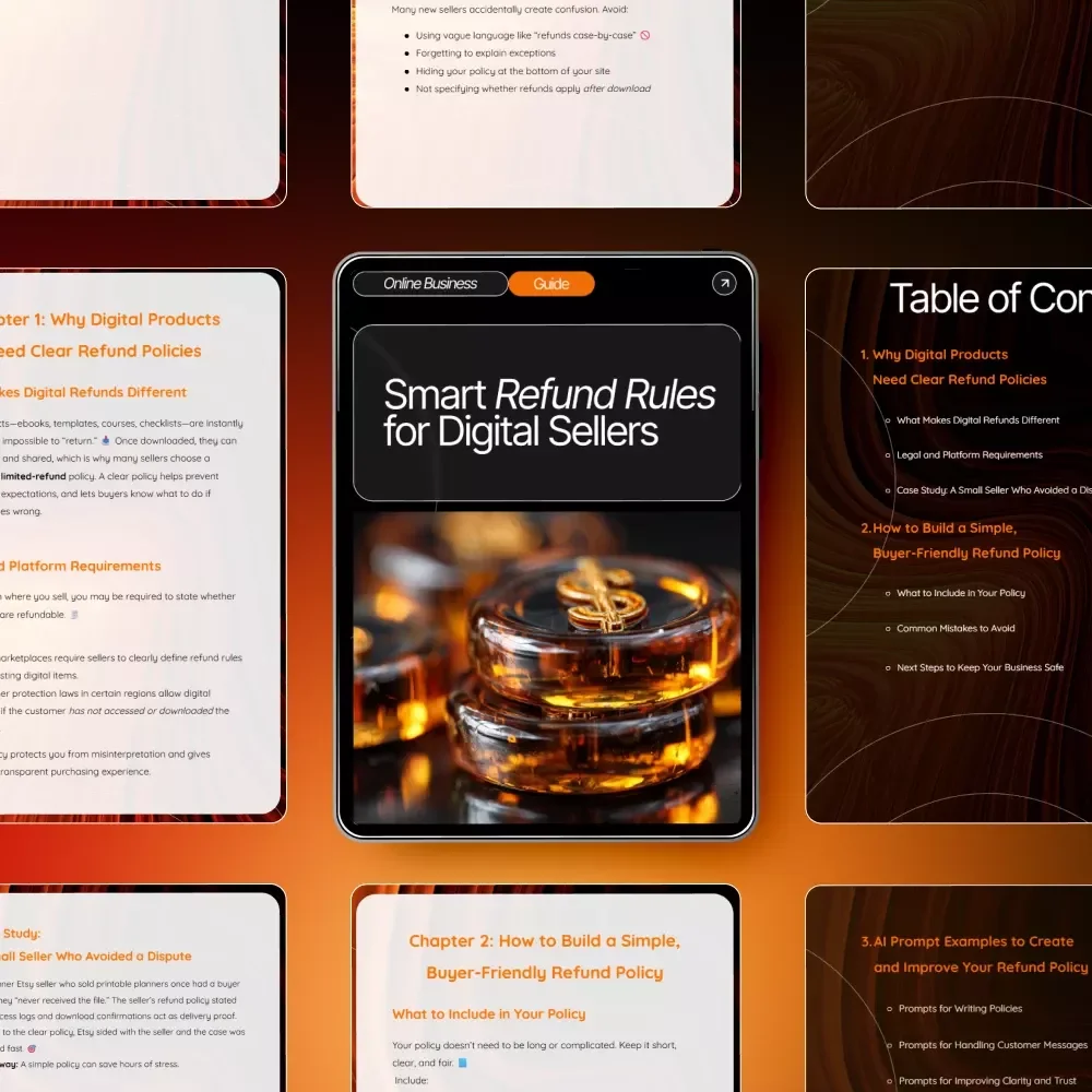Smart Refund Rules for Digital Sellers | Digital Download Guide for Etsy Sellers, Online Creators, Coaches, and Small Businesses | Refund Policy Checklist, eBook & AI Prompts