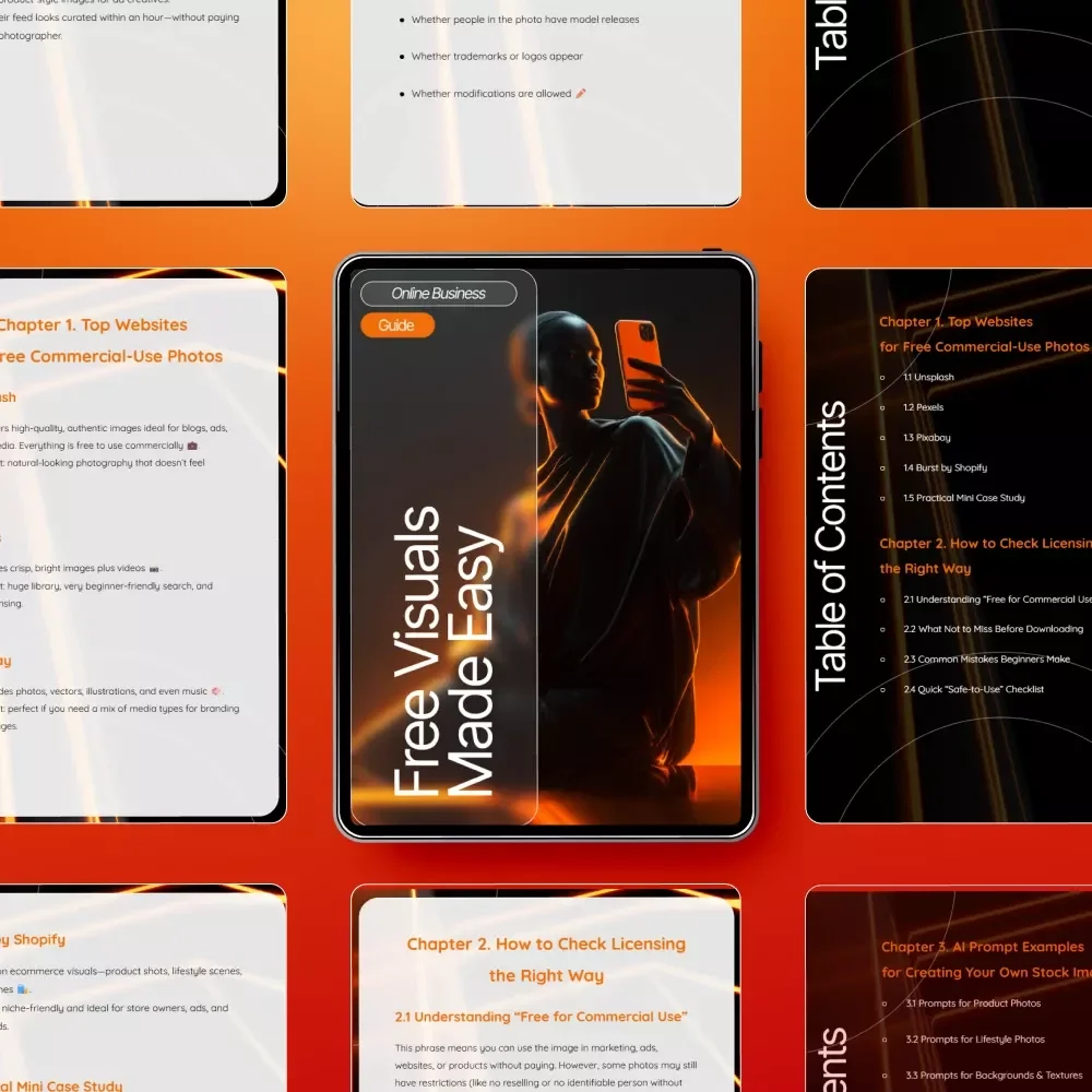 Free Visuals Made Easy – Digital Download Guide for Free Commercial-Use Photos, Stock Images, AI Prompts, Visual Library Organization, Branding Tips & Creator Resources