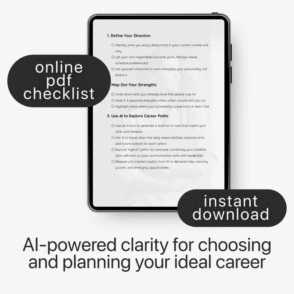 AI-Powered Career Clarity Checklist – Digital Career Guide, AI Career Planning Workbook, Self-Discovery Career Checklist, Professional Growth eBook, Job Direction Planner