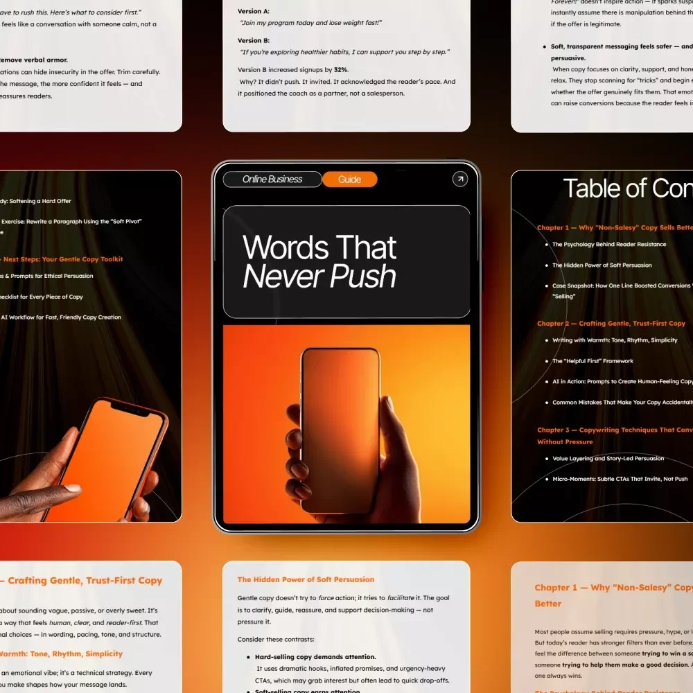 Words That Never Push — Gentle Copywriting Guide for Ethical Persuasion, Soft Selling, and copywriting tricks that don’t feel salesy | Digital Download eBook for Coaches, Creators, and Small Business Owners