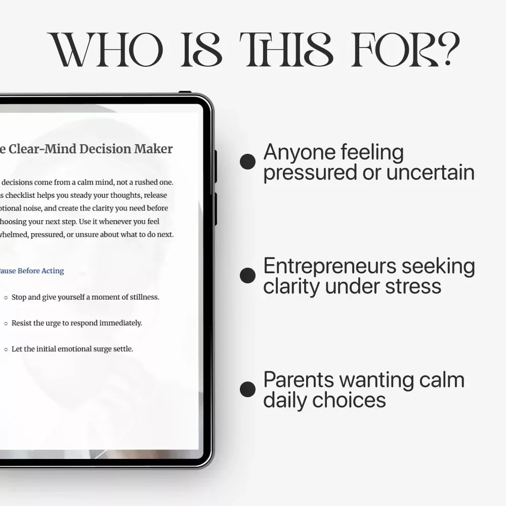 The Clear-Mind Decision Maker | Printable Mindfulness Checklist for Clarity & Calm Choices | Ways to Calm Your Mind Before Making Decisions