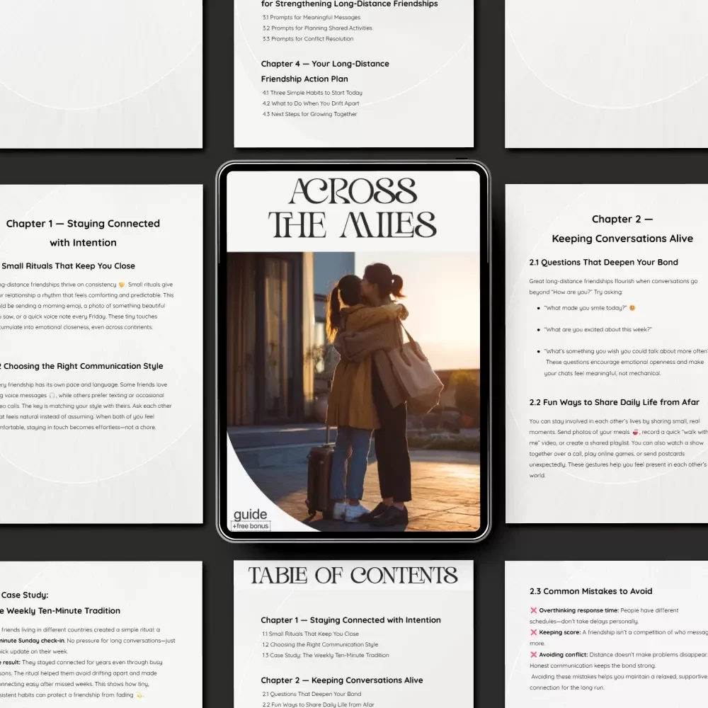 Across the Miles — Long-Distance Friendship Guide, Digital Download eBook, Communication Rituals, Connection-Building Prompts, Relationship Checklist