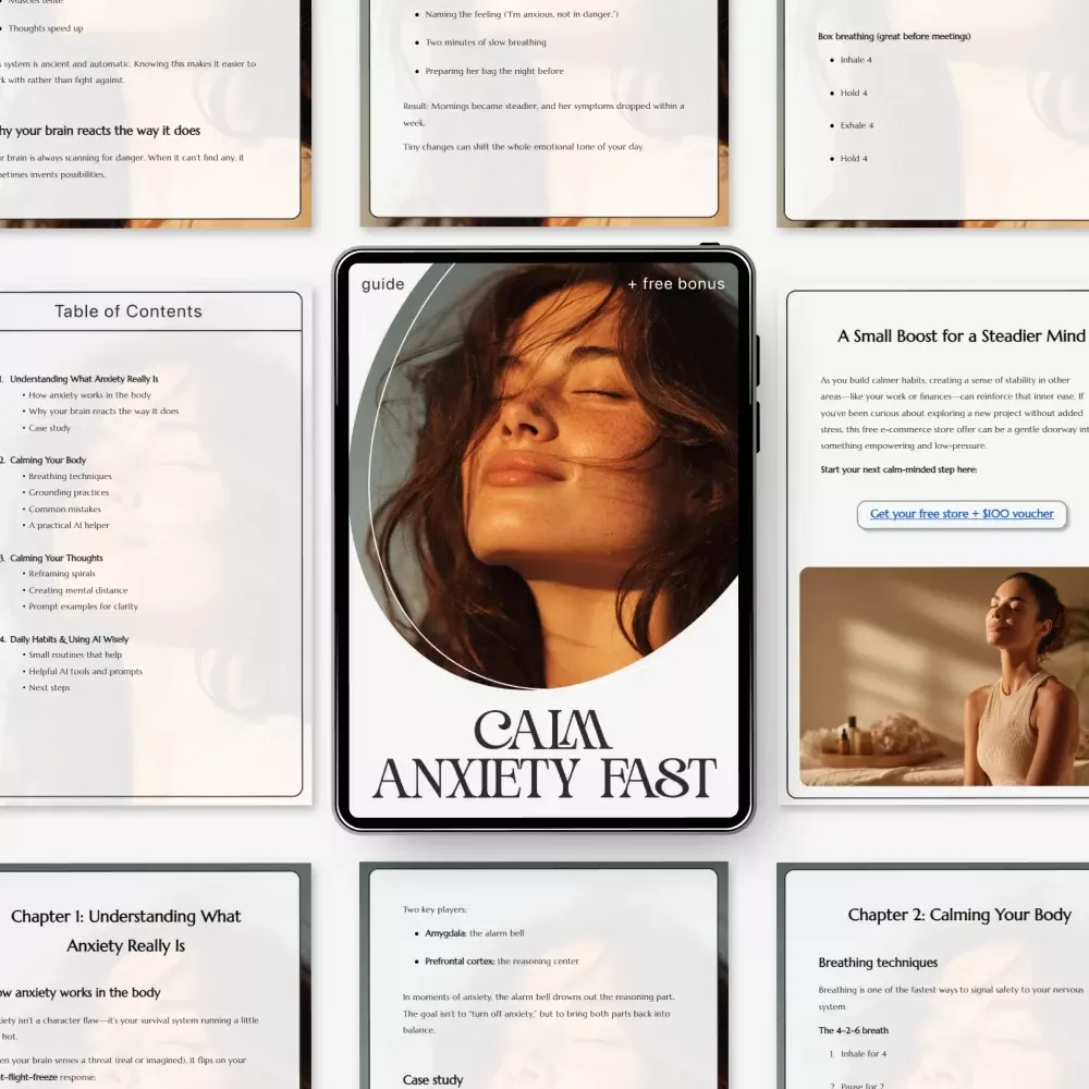 Calm Anxiety Fast – Digital Guide for How to Calm Anxiety | Instant Download Self-Help eBook, Breathing & Grounding Tools, AI Prompts for Overthinking, Mental Health Anxiety Relief Planner