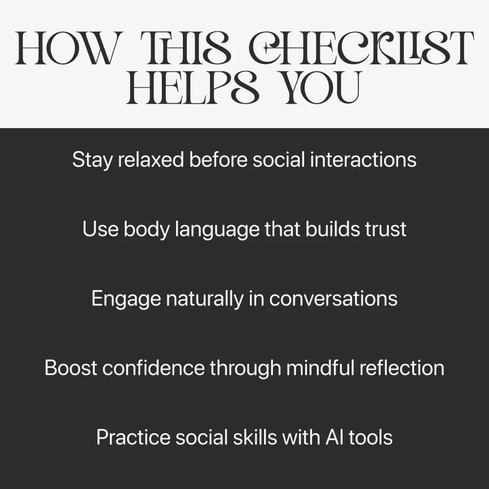 Social Confidence in Any Situation | Printable Checklist for Self-Assurance and Communication Skills | Learn how to feel confident in social situations | Digital Download for Everyday Conversations and Networking