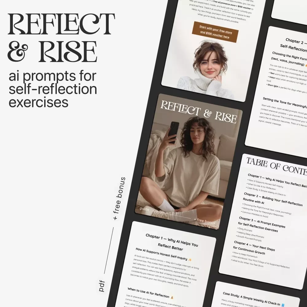 Reflect & Rise — Self-Reflection Guide with AI | Digital Download eBook & Printable Checklist | Mindset Growth Journal Prompts