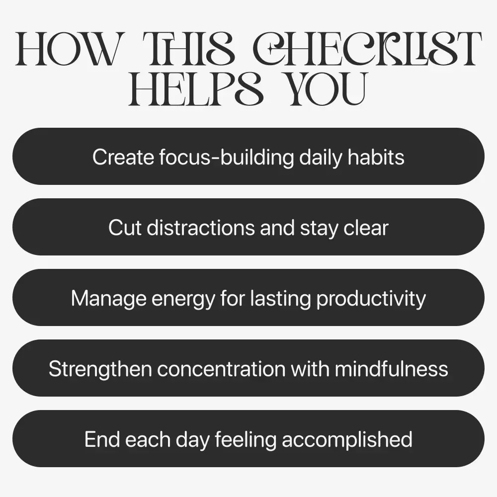 Brain in Gear: Daily Focus Hacks | How to Increase Focus and Concentration | Printable Productivity Checklist for Clarity, Energy & Mental Performance