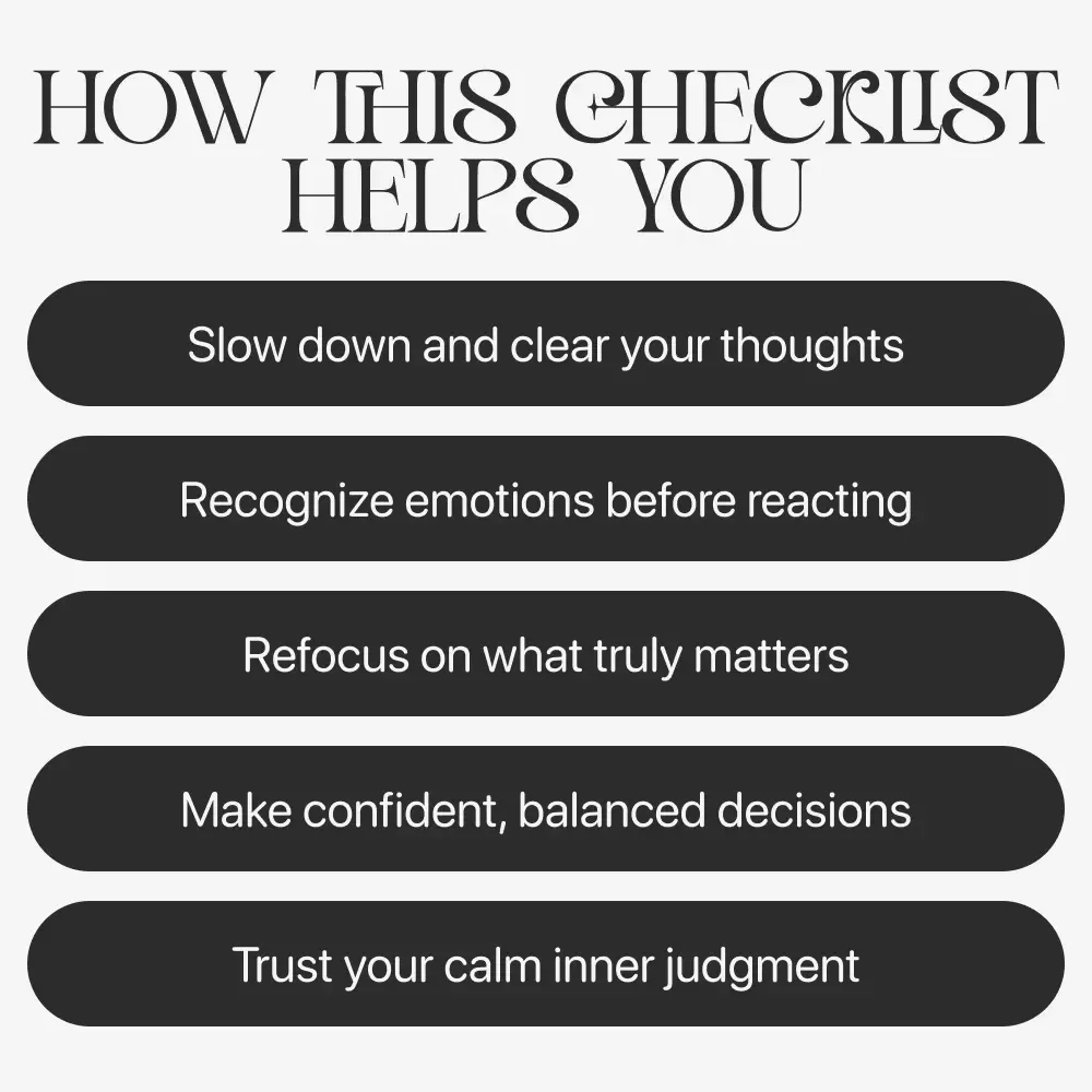 The Clear-Mind Decision Maker | Printable Mindfulness Checklist for Clarity & Calm Choices | Ways to Calm Your Mind Before Making Decisions