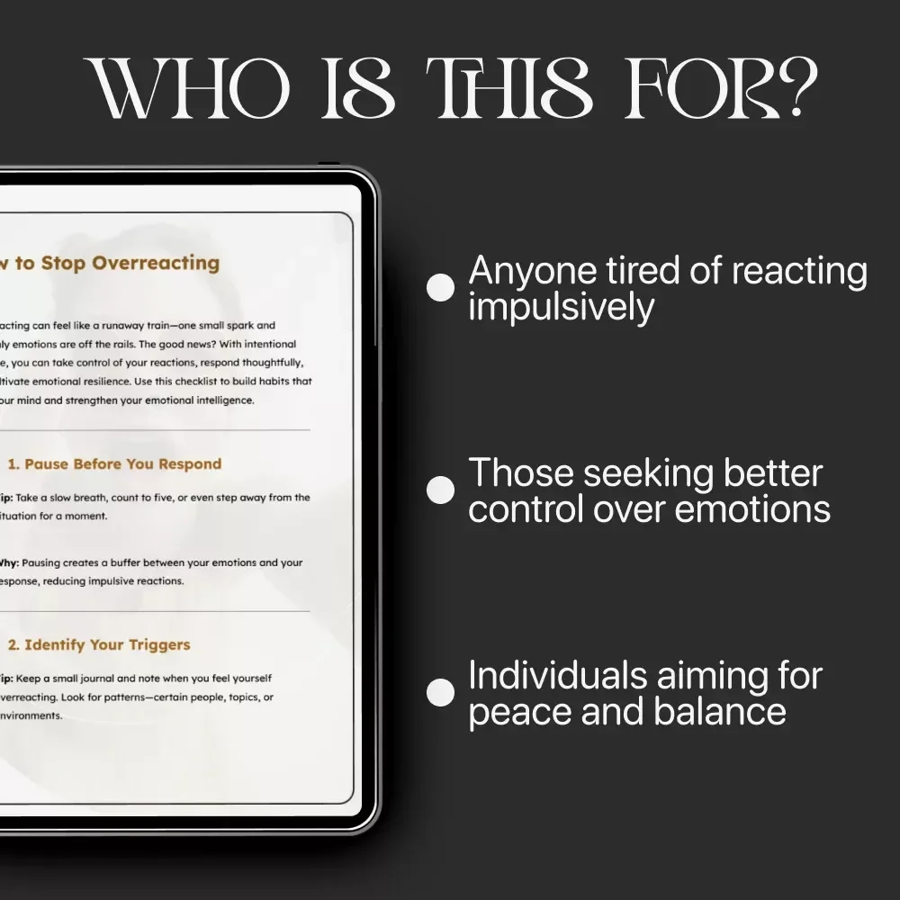 How to Stop Overreacting | Emotional Control Checklist | Printable Guide for Calm Responses and Mindful Reactions | Digital Download for Self-Improvement and Emotional Intelligence