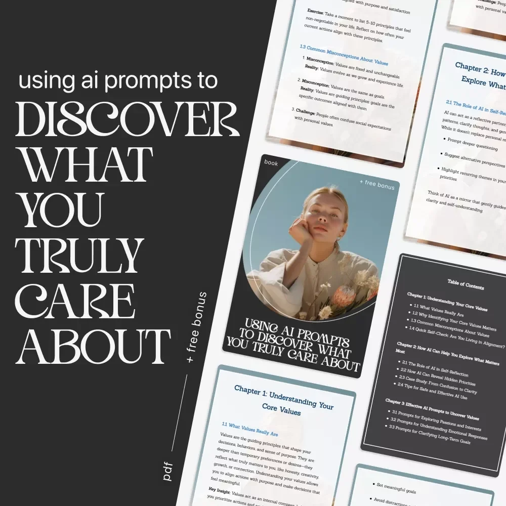 Using AI Prompts to Discover What You Truly Care About | Digital Self-Reflection Guide, AI Prompts Workbook, Core Values Discovery eBook, Personal Growth Download