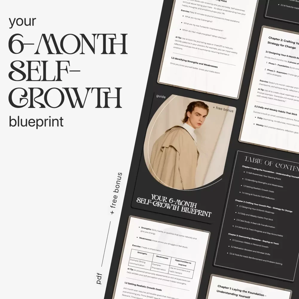 Your 6-Month Self-Growth Blueprint | 6 Month Self Growth Plan Digital Guide for Personal Development, Goal Setting & AI-Powered Reflection