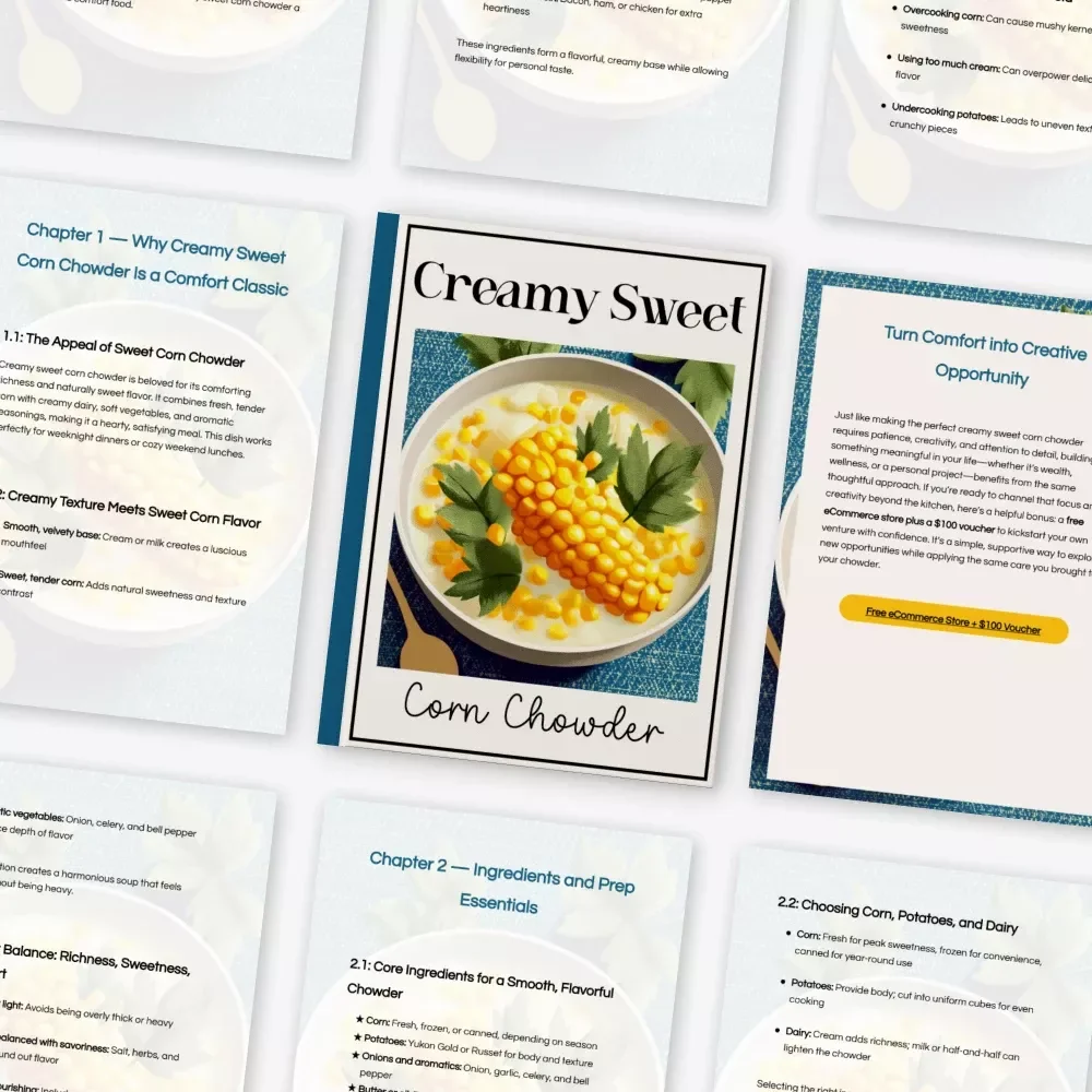 Creamy Sweet Corn Chowder Guide | How to Make Creamy Sweet Corn Chowder at Home, Cozy Comfort Soup eBook & Kitchen Recipe Checklist Download