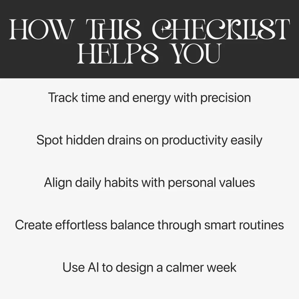 Decode Your Work-Life Balance with AI | Digital Productivity Checklist | Learn how to understand my work-life balance with AI | Printable Tracker for Time, Energy, and Focus