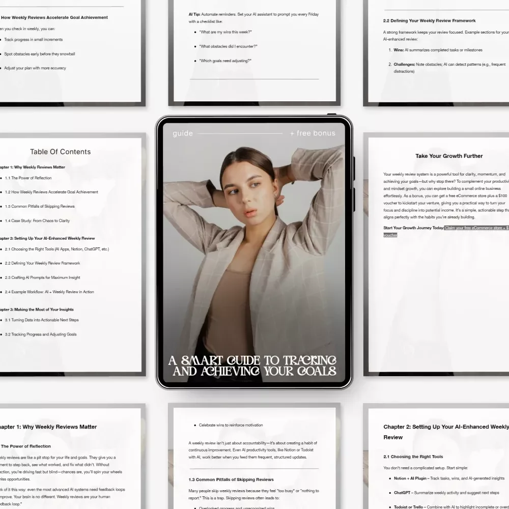 A Smart Guide to Tracking and Achieving Your Goals – AI Weekly Review System for Goals, eBook, Checklist, Productivity Guide