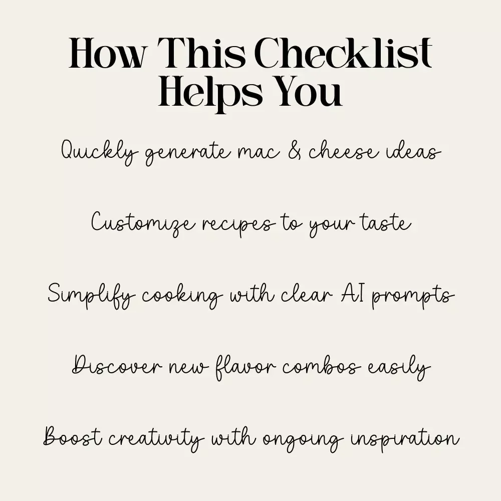 Using AI for Mac & Cheese Variation Checklist | Creative Cooking Guide | Digital Download for How to Use AI for Creative Mac and Cheese Variations
