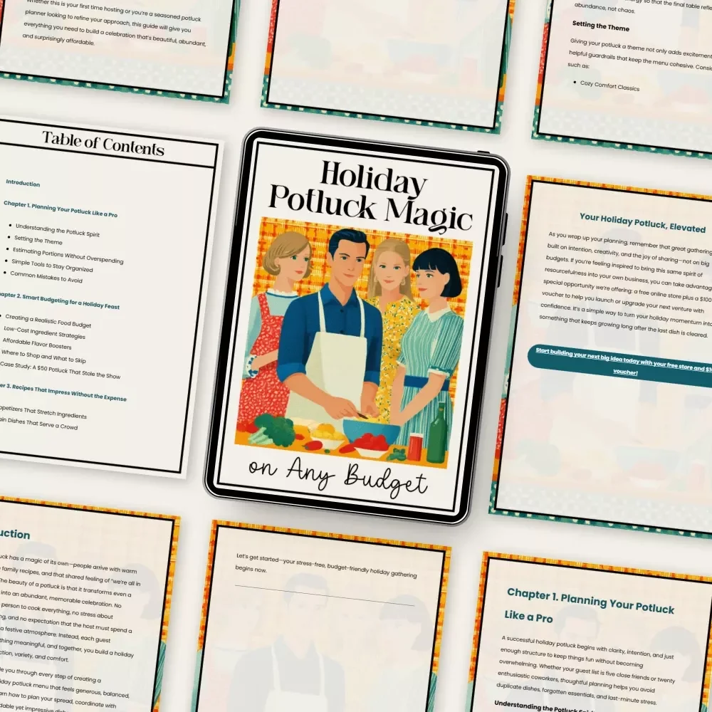 Holiday Potluck Magic on Any Budget | how to build a budget-friendly holiday potluck menu eBook | Stress-Free Hosting Guide & Party Planning Printable Download