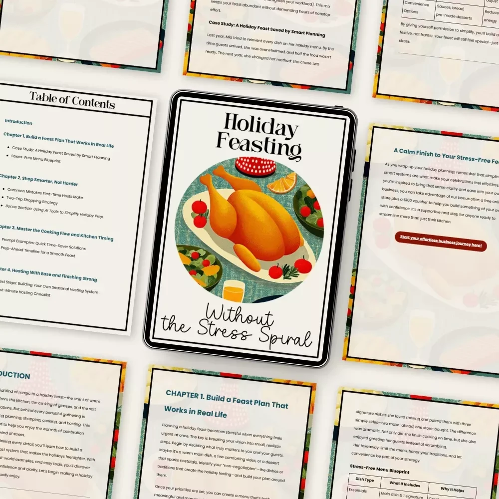Holiday Feasting Without the Stress Spiral – How to Plan a Holiday Feast with Minimal Stress, Step-by-Step Hosting Guide, Smart Menu Planner, Kitchen Timing & Calm Entertaining System
