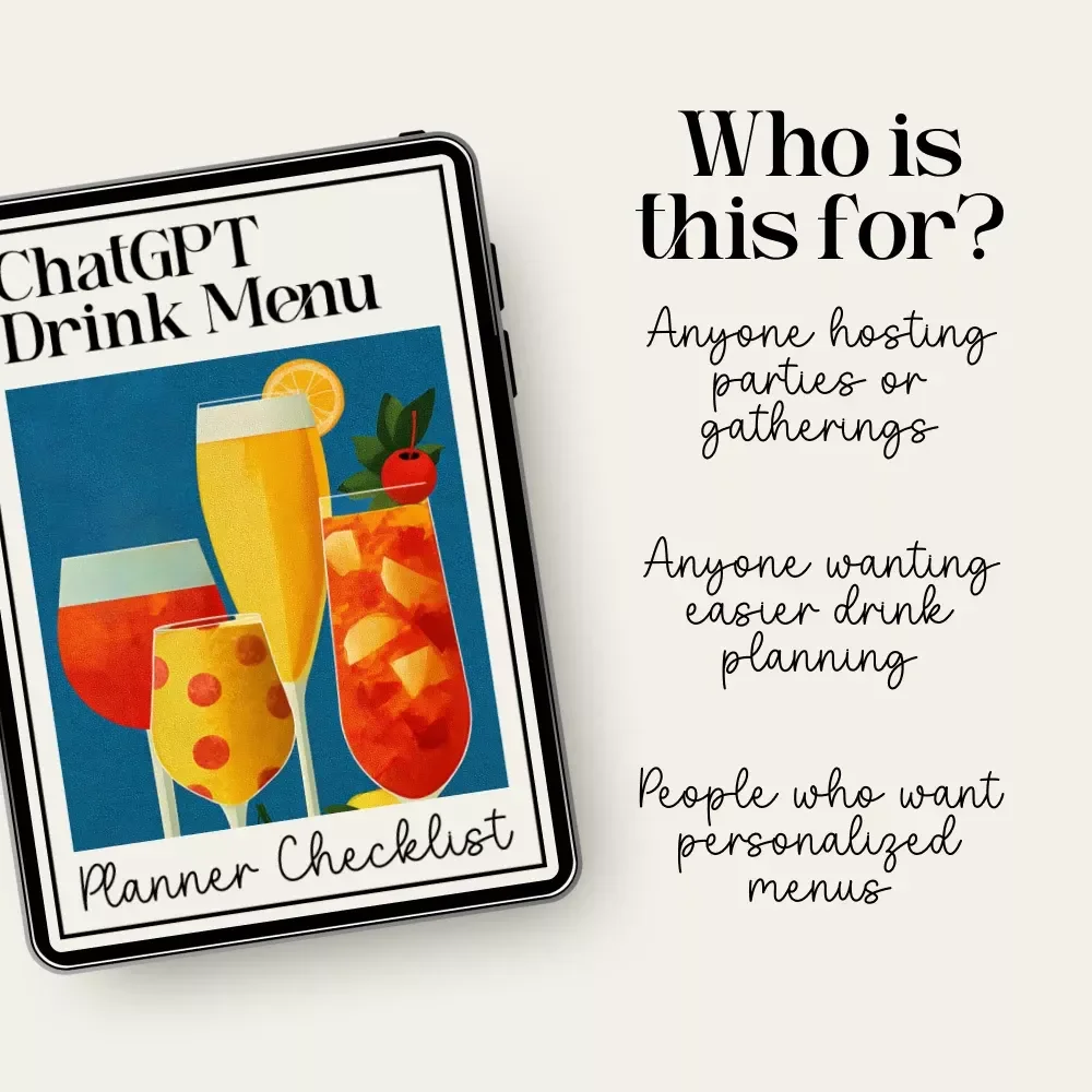 ChatGPT Drink Menu Planner Checklist | Digital Download | Event Beverage Guide | how to ask chatgpt to plan a drink menu | Party Drink Planning Checklist for Hosts & Creators