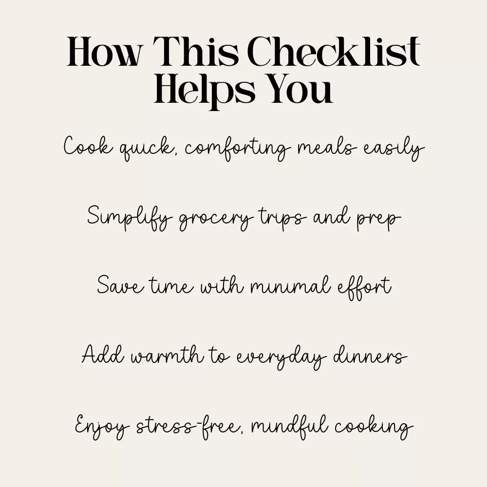Your Minimal-Ingredient Dinner Checklist | Printable Guide on How to Plan a Cozy Dinner with Minimal Ingredients