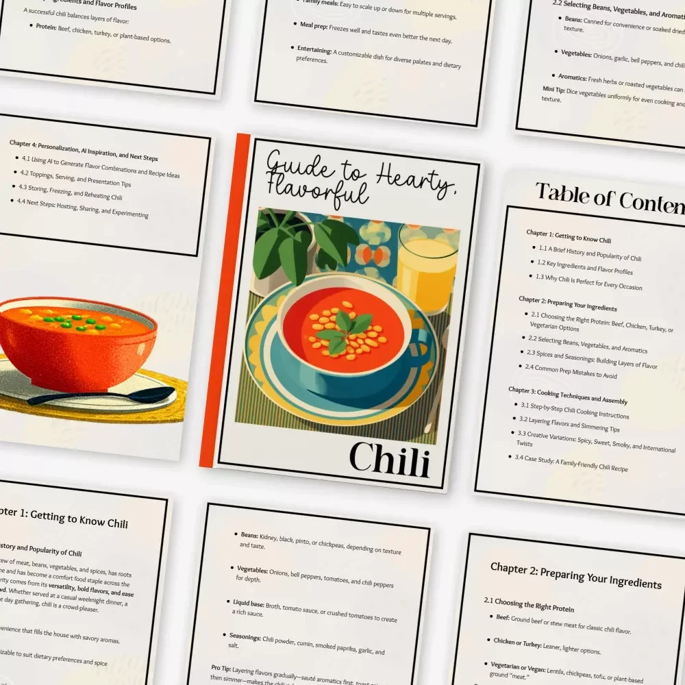 Guide to Hearty, Flavorful Chili – Digital Download Recipe Guide, Chili Cookbook eBook, Beginner-Friendly Cooking Tips, Flavor-Building Techniques, Chili Variations & Meal Prep Ideas