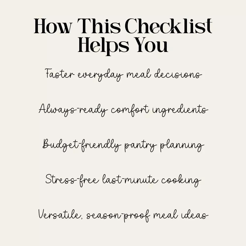 Year-Round Comfort Meal Essentials Checklist | Printable Pantry Staples for Year-Round Comfort Meals | Digital Download Kitchen Guide for Easy Cozy Cooking