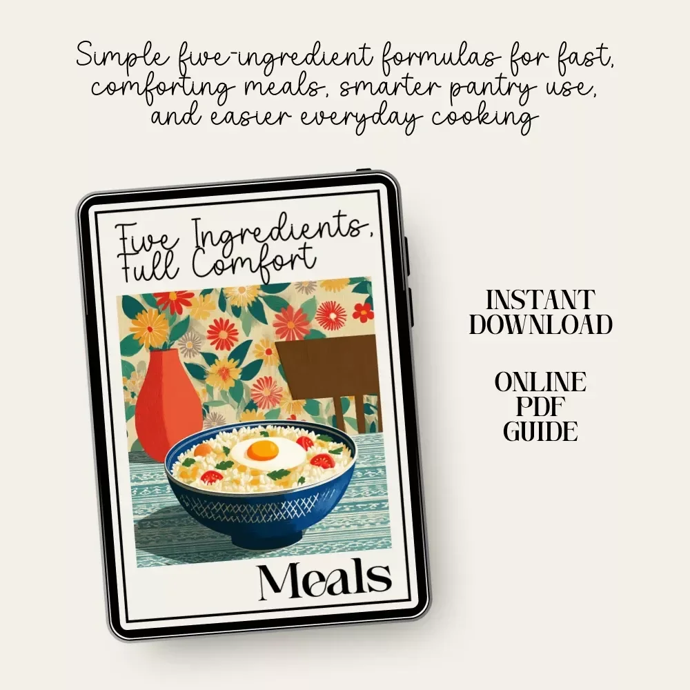 Five Ingredients, Full Comfort | Cozy Kitchen eBook for Easy five-ingredient comfort meals | Minimalist Recipes, Pantry Meals, Stress-Free Cooking Guide