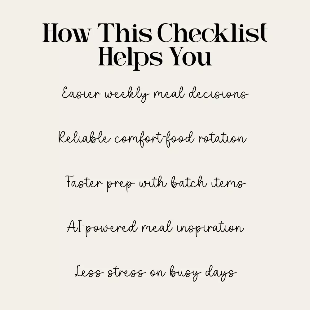 Warm-Week Meal Rhythm Checklist | Cozy Meal Planning Printable | using AI to rotate comfort meals of the week | Digital Download for Simple Weekly Cooking