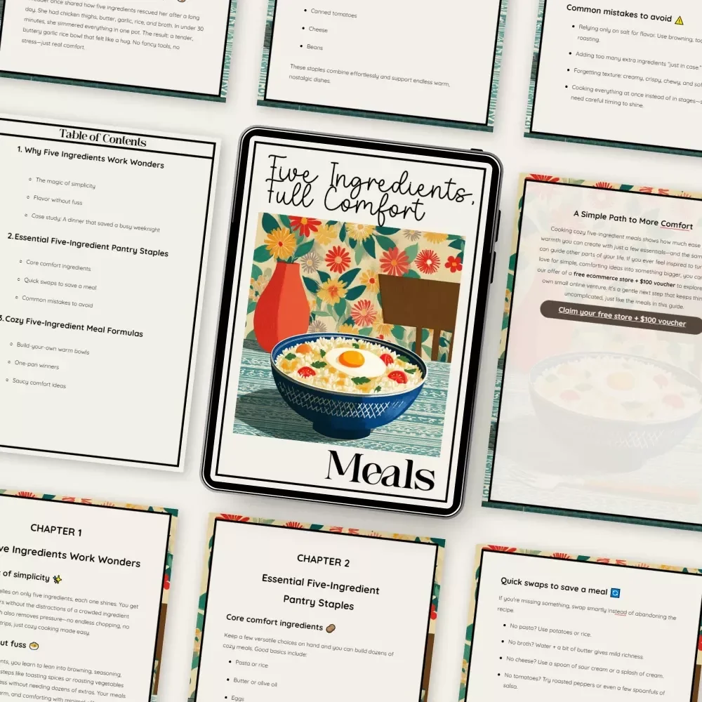 Five Ingredients, Full Comfort | Cozy Kitchen eBook for Easy five-ingredient comfort meals | Minimalist Recipes, Pantry Meals, Stress-Free Cooking Guide