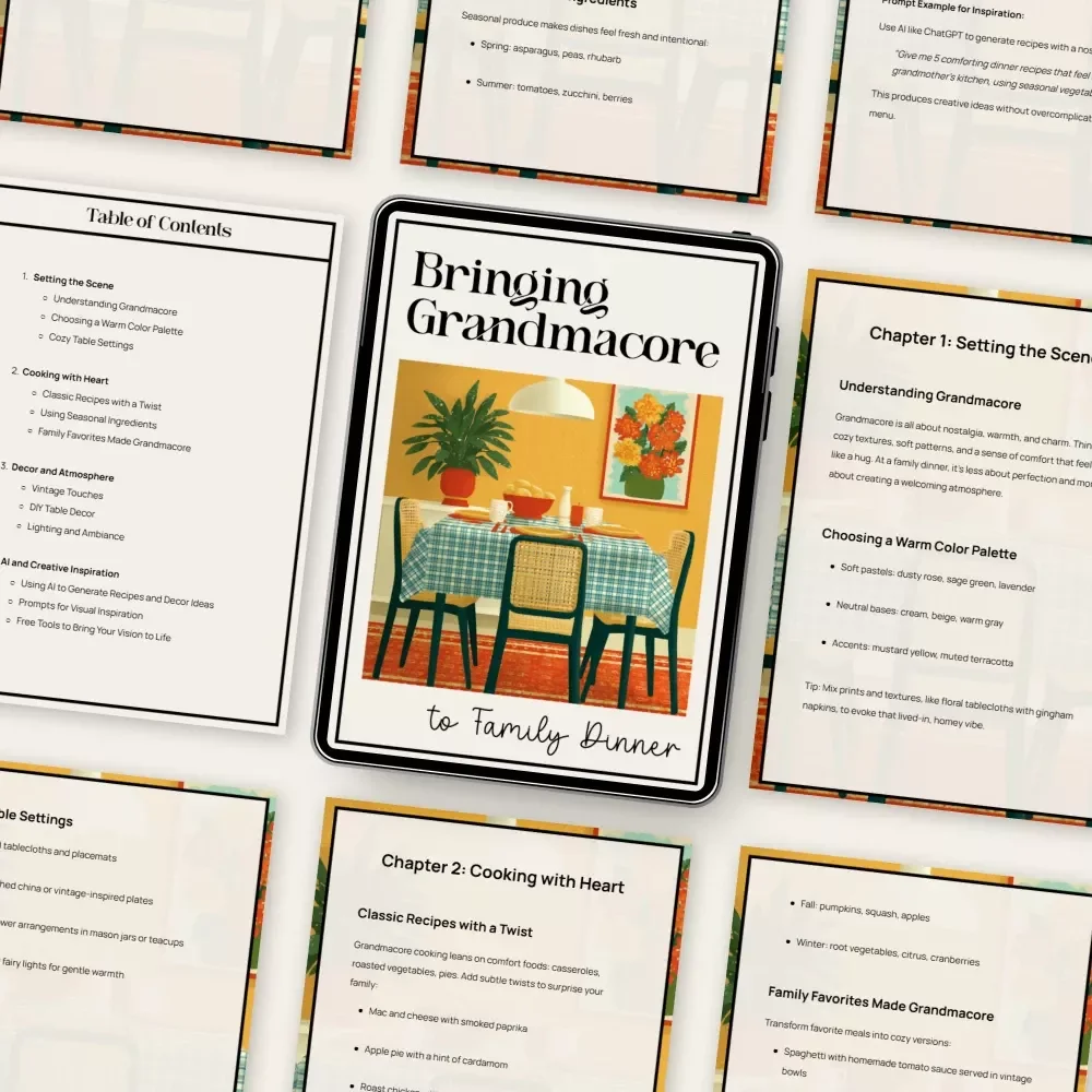 Bringing Grandmacore to Family Dinner | Cozy Grandmacore Guide for Warm Gatherings | how to bring grandmacore aesthetic to family dinner | Vintage-Inspired Dinner Styling eBook