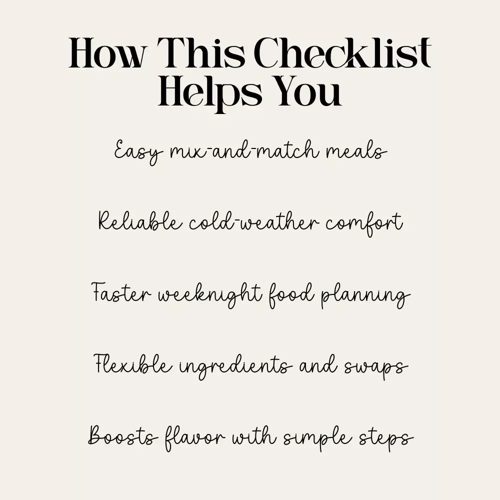 Cozy Comfort Foods for Windy Cold Days Checklist | Printable Meal Ideas Guide | Digital Download for what to serve on windy cold days | Cold-Weather Comfort Food Planner