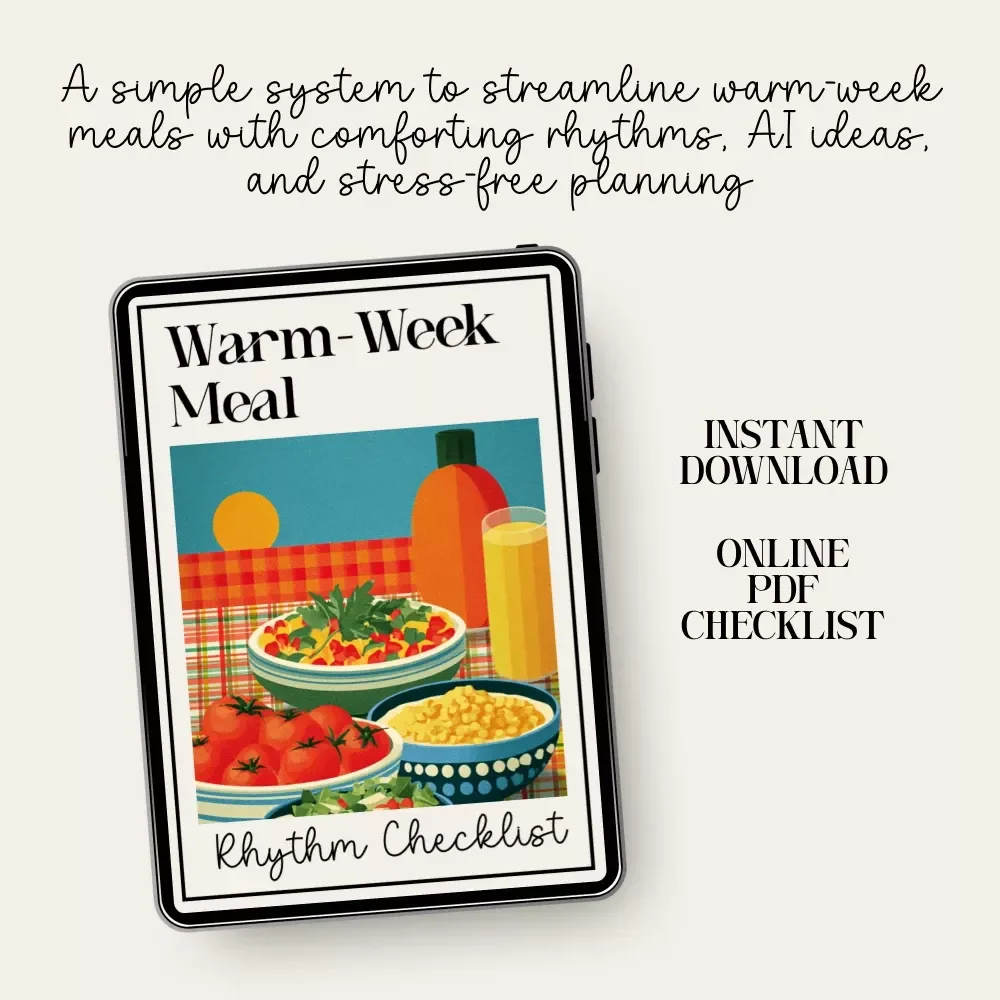 Warm-Week Meal Rhythm Checklist | Cozy Meal Planning Printable | using AI to rotate comfort meals of the week | Digital Download for Simple Weekly Cooking