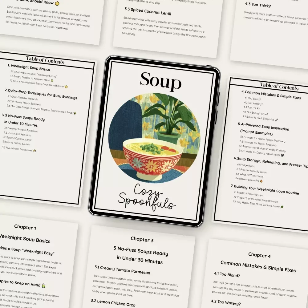 Cozy Spoonfuls | Easy Weeknight Soup Recipes eBook | Quick 30-Minute Soups Guide for Busy Cooks | Digital Download