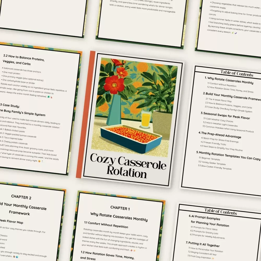 Cozy Casserole Rotation | Monthly Meal Planning Guide eBook | Family Dinner Planner | Printable Meal Prep System | Seasonal Casserole Checklist & Templates
