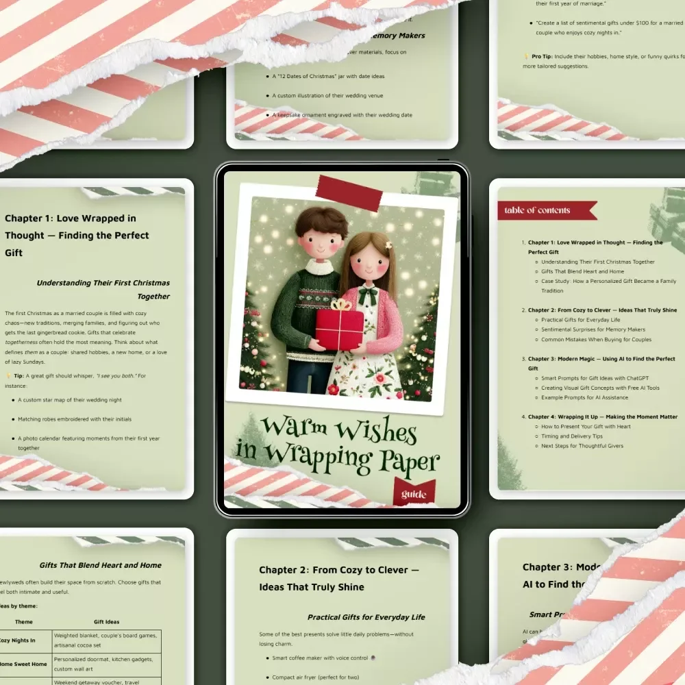 Warm Wishes in Wrapping Paper — Holiday Gift Guide eBook, Couples First Christmas Ideas, Digital Download, AI Gift Inspiration, Thoughtful Giving Tips
