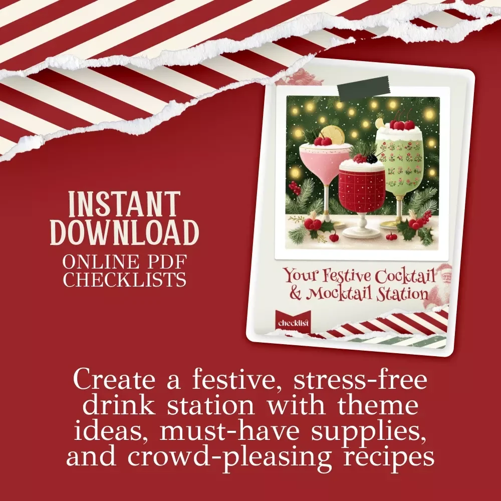 Your Festive Cocktail & Mocktail Station Checklist – Holiday Party Bar Guide | Printable Christmas Bar Planner | how to plan a holiday cocktail or mocktail station for christmas