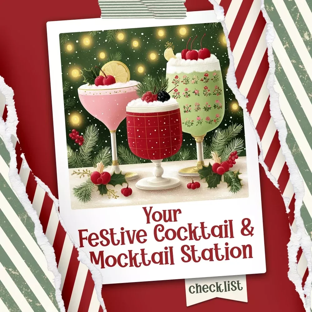 Your Festive Cocktail & Mocktail Station Checklist – Holiday Party Bar Guide | Printable Christmas Bar Planner | how to plan a holiday cocktail or mocktail station for christmas