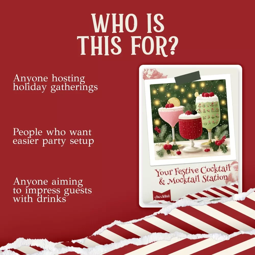 Your Festive Cocktail & Mocktail Station Checklist – Holiday Party Bar Guide | Printable Christmas Bar Planner | how to plan a holiday cocktail or mocktail station for christmas