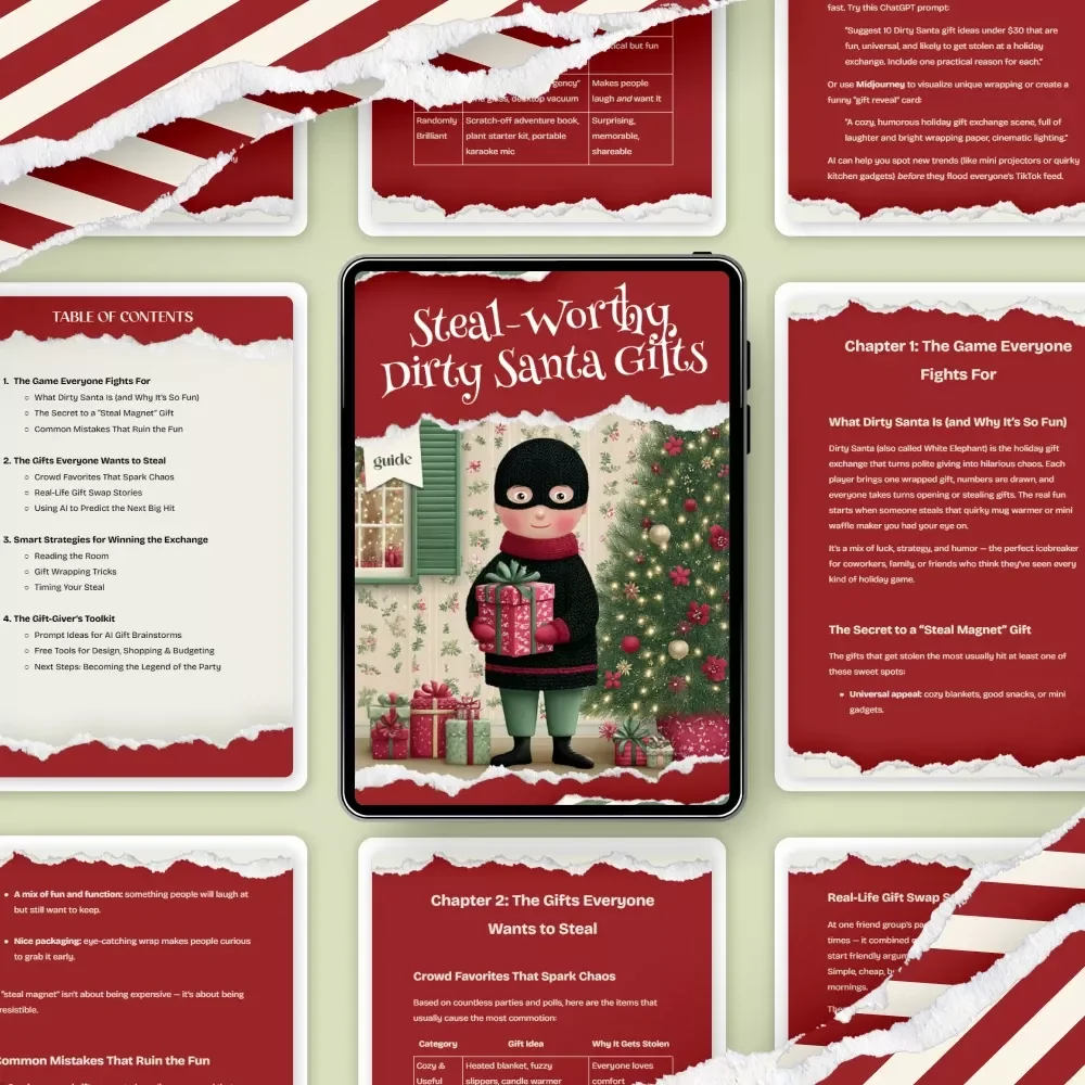 Steal-Worthy Dirty Santa Gifts | Ultimate Party Guide for dirty santa gifts that get stolen most | Printable Holiday Game Strategy & Gift Ideas eBook
