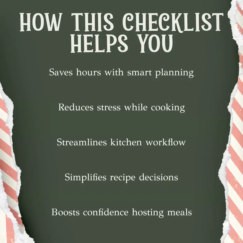 Stress-Free Holiday Cooking Checklist | Holiday Meal Planner | Time-Saving Kitchen Guide | how to simplify holiday cooking | Printable Festive Cooking Checklist