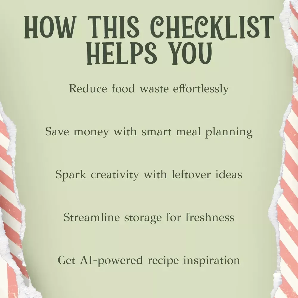Christmas Leftover Food Rescue Checklist | Holiday Kitchen Organizer | Zero-Waste Meal Planning | How to use leftovers after christmas Guide | Printable Checklist