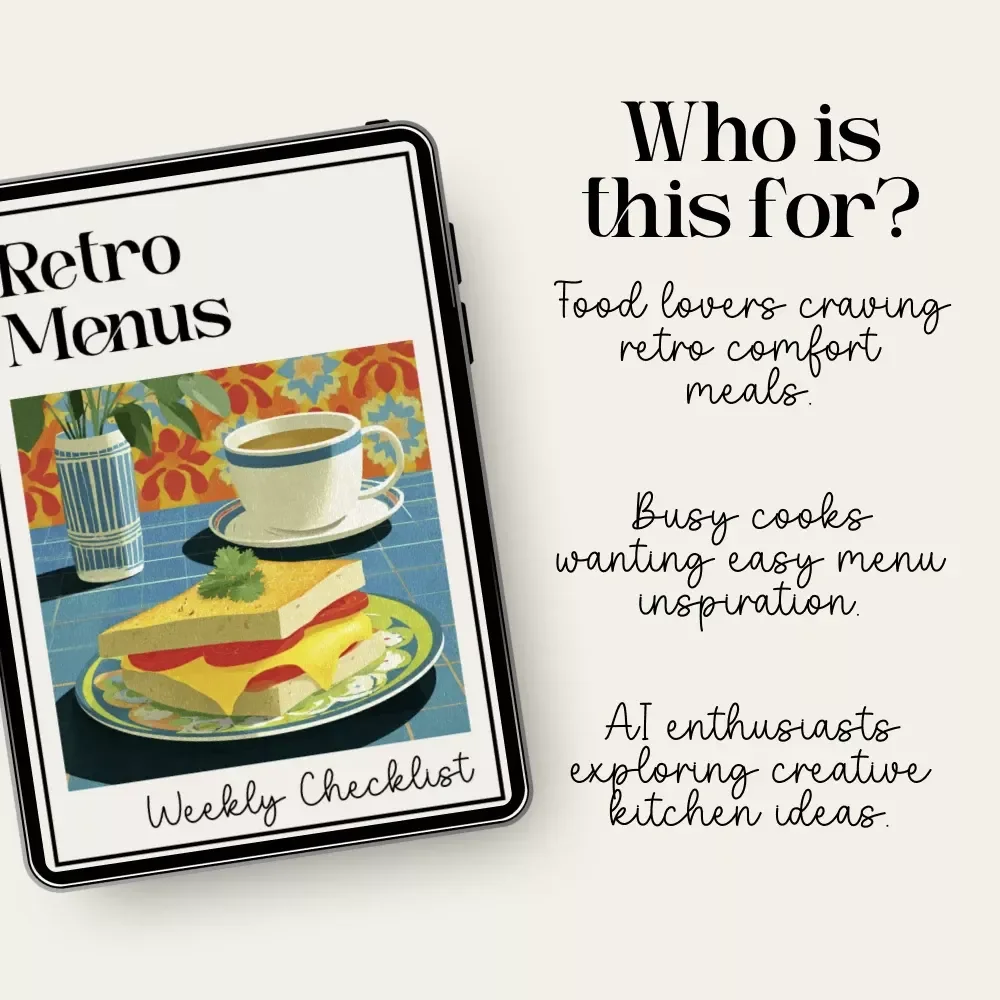Retro Menus Weekly Checklist | Digital Download | AI Meal Planning Guide for Nostalgic Weekly Menus | Learn how to use AI to create weekly nostalgic menus | Printable PDF Checklist for Vintage-Inspired Cooking
