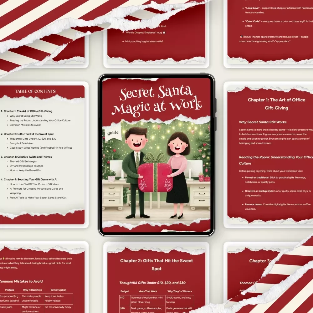 Secret Santa Magic at Work | Ultimate Office Secret Santa Ideas for Coworkers Guide | Workplace Holiday Gift Exchange eBook & Printable Checklist