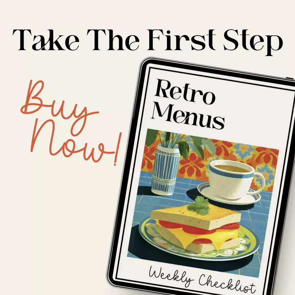 Retro Menus Weekly Checklist | Digital Download | AI Meal Planning Guide for Nostalgic Weekly Menus | Learn how to use AI to create weekly nostalgic menus | Printable PDF Checklist for Vintage-Inspired Cooking